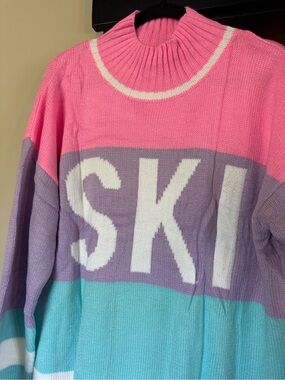 Women's Colorblock 'SKI' Knit Sweater - Pink, Purple & Teal